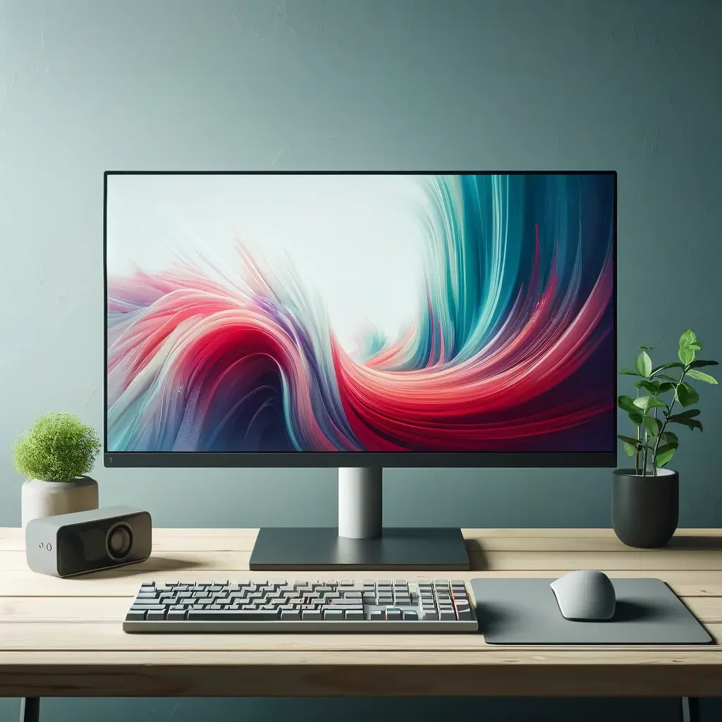 A desktop computer setup with a keyboard and mouse on a wooden desk, a vibrant abstract wallpaper on the screen, flanked by a small potted plant and a webcam.
