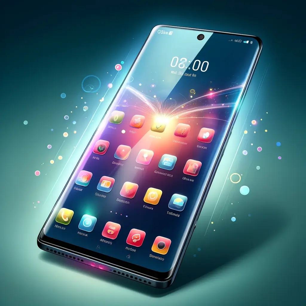 A smartphone displaying colorful app icons on its screen, with light effects around the edges suggesting a futuristic or high-tech design.
