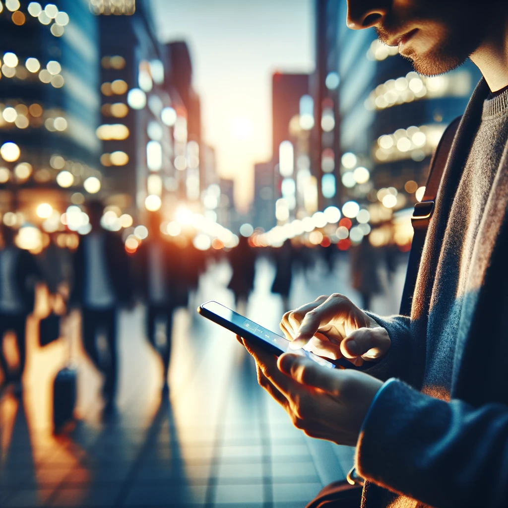 Close-up of a person using a smartphone, potentially typing with Romaji input, with a bustling city street scene illuminated by twilight in the background.