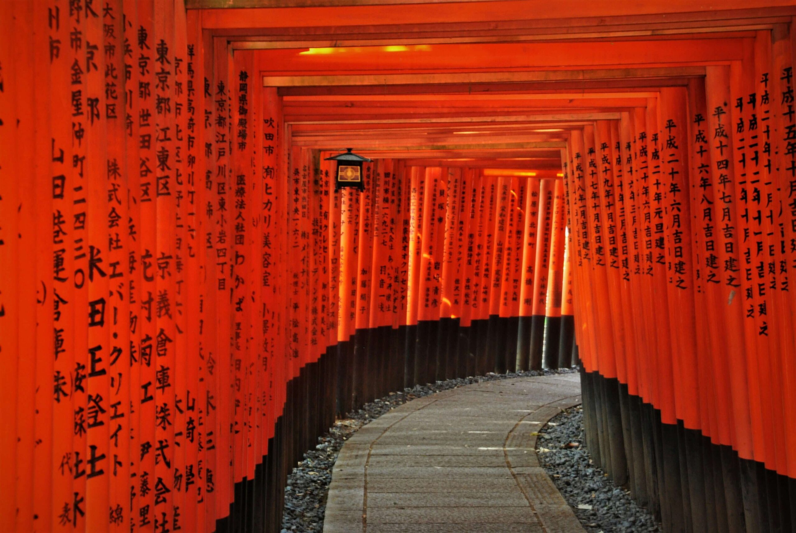 A winding path at Fushimi Inari Taisha lined with vibrant vermilion torii gates, inscribed with Japanese characters, under a soft glow.
