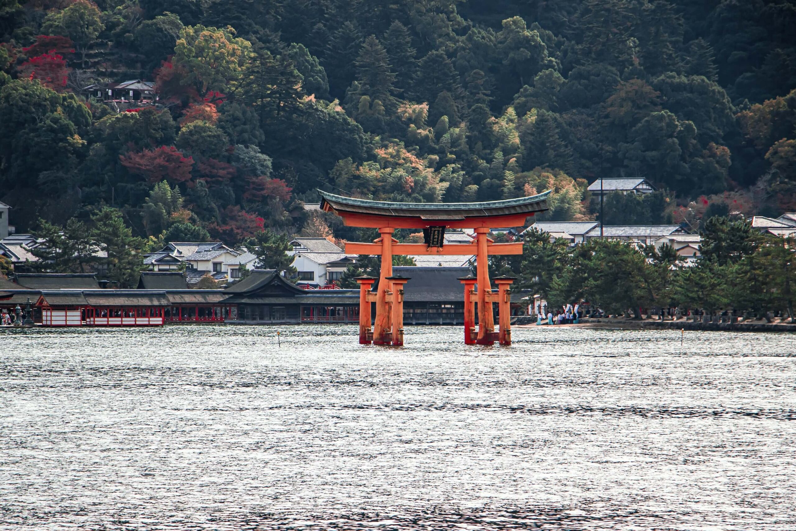 The grand torii gate of Itsukushima Shrine stands prominently in the sea, with the shrine structures and the lush, forested hills of Miyajima Island in the background.
