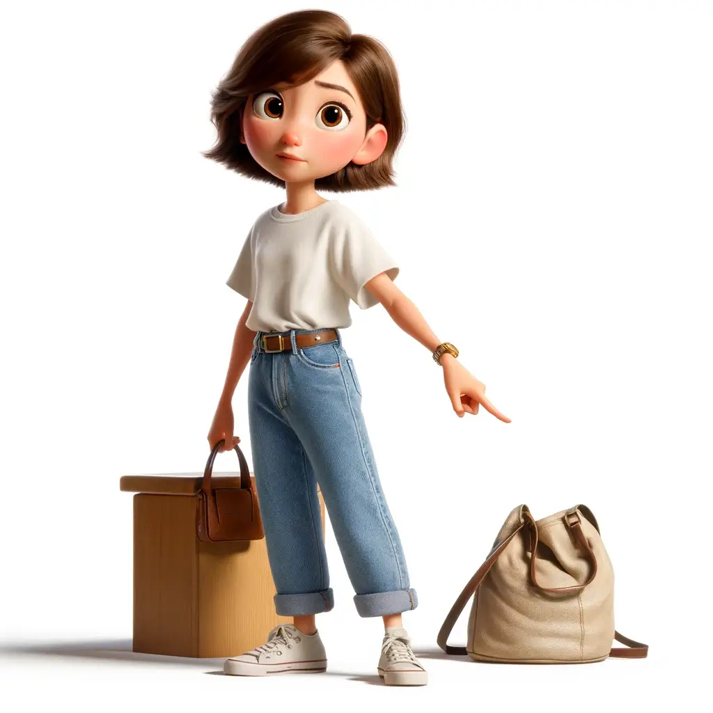 Animated character pointing at a bag, representing the question 'だれのかばんですか' (dare no kaban desu ka) which means 'Whose bag is this?