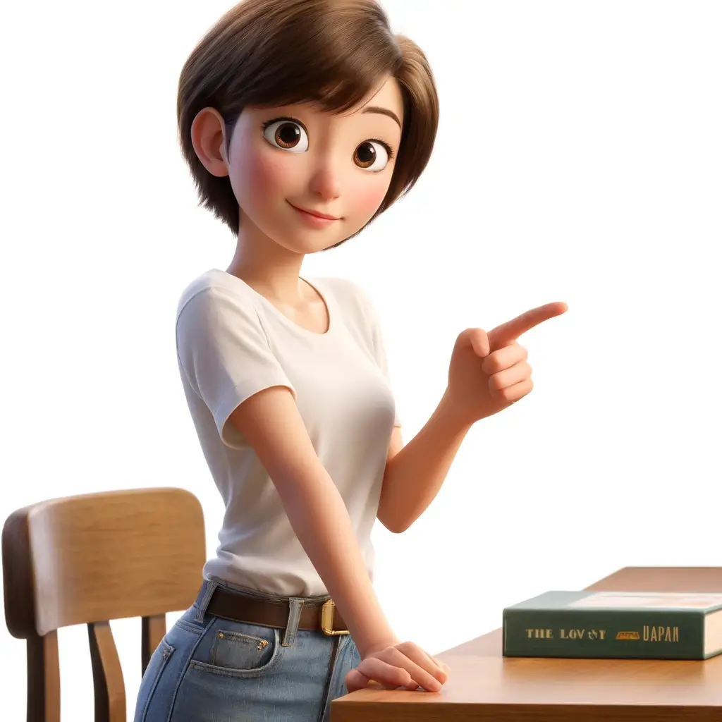 This image shows a young woman pointing to the right, next to a book titled "THE LOVE OF JAPAN." She's likely using a gesture to indicate "sore" (それ), which in Japanese means "that" and refers to something near the listener.