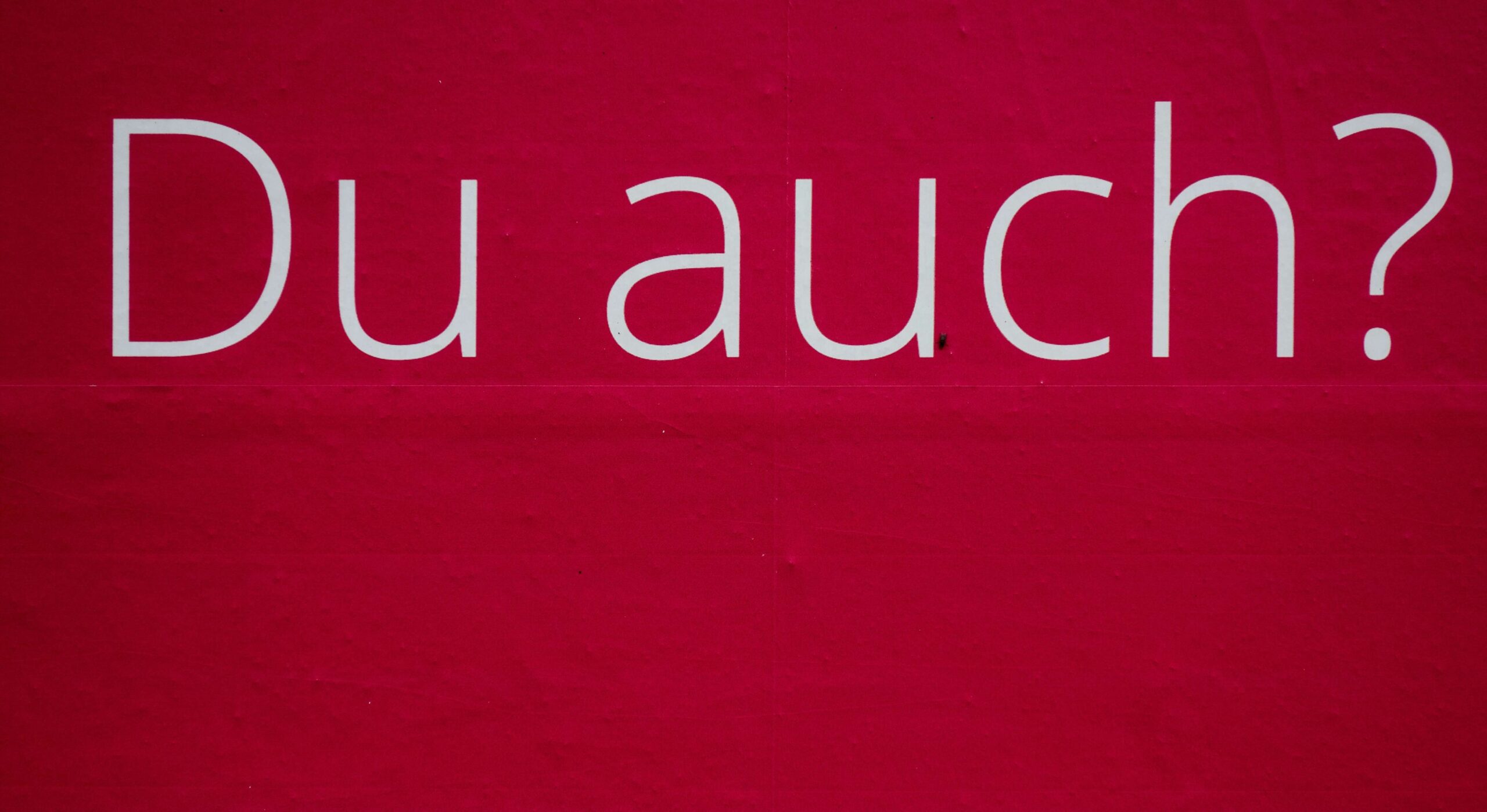 White text 'Du auch?' on a red background, representing the concept of inclusion similar to the Japanese grammar structure 'Nも' which means 'you too?' or 'also' in English.
