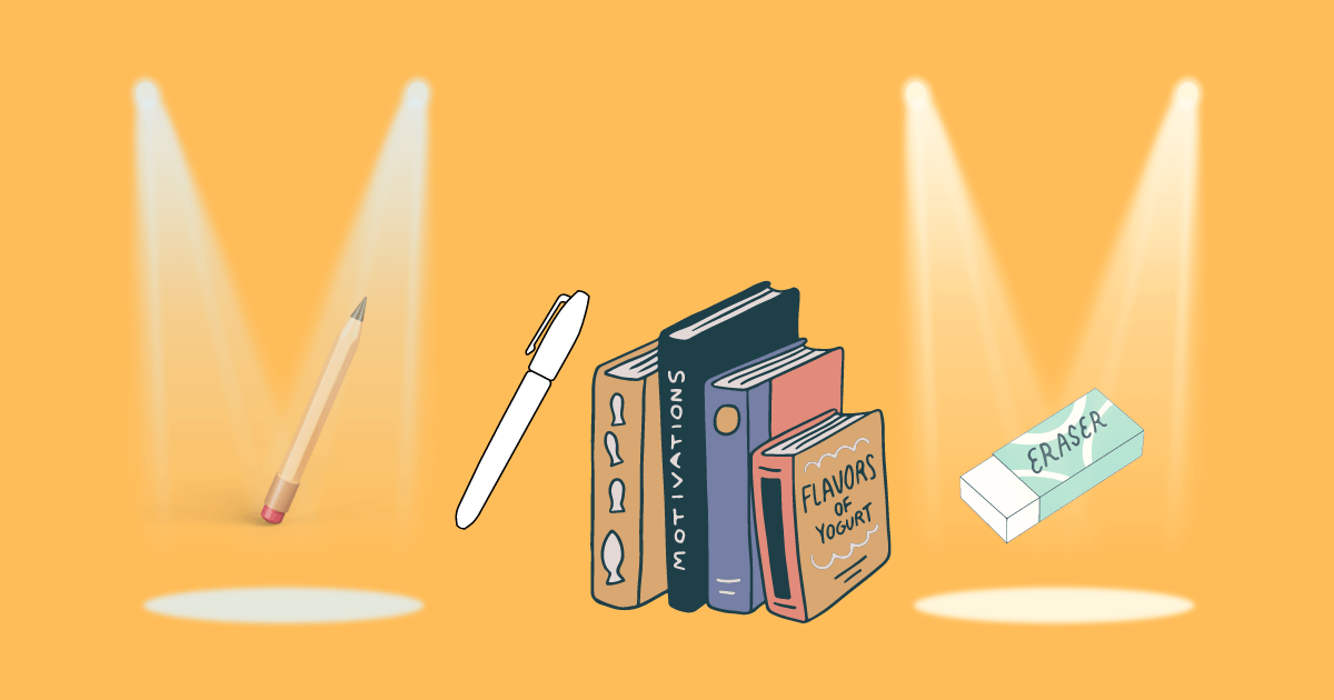 This image illustrates the use of the Japanese particle "や" (ya). Among various items like a pencil, books, an eraser, and a pen, two spotlights shine on a pencil and an eraser, representing the phrase "There are things like pencils and erasers."
