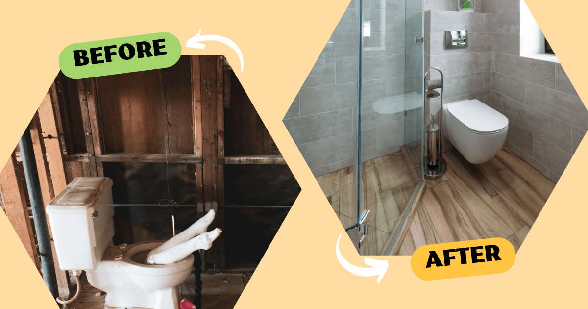 This image represents the concept of adjective + naru (トイレが新しくなる, toire ga atarashiku naru), showing the transformation of a bathroom from old to new.
