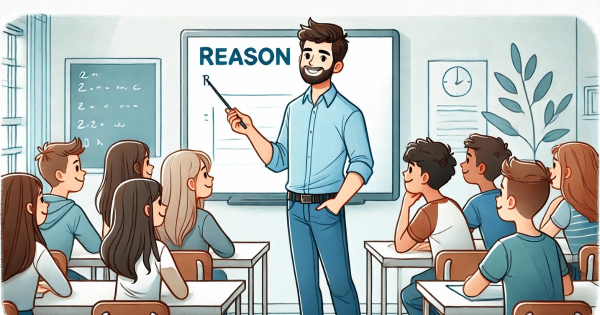 An illustration of a teacher explaining the expression 'node' used to indicate a reason, in a relaxed manner. The teacher is standing in front of a whiteboard, casually dressed and smiling. The classroom is bright, with students attentively listening, some taking notes and others looking at the teacher with interest.