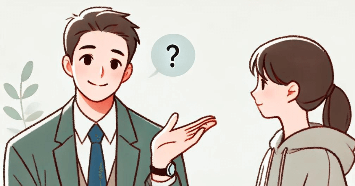 This image shows a person asking a question using "-でしょうか" (deshou ka). The man in a suit is gesturing with his hand, while the woman is listening attentively. A speech bubble with a question mark is above the man, indicating he is asking a polite question.
