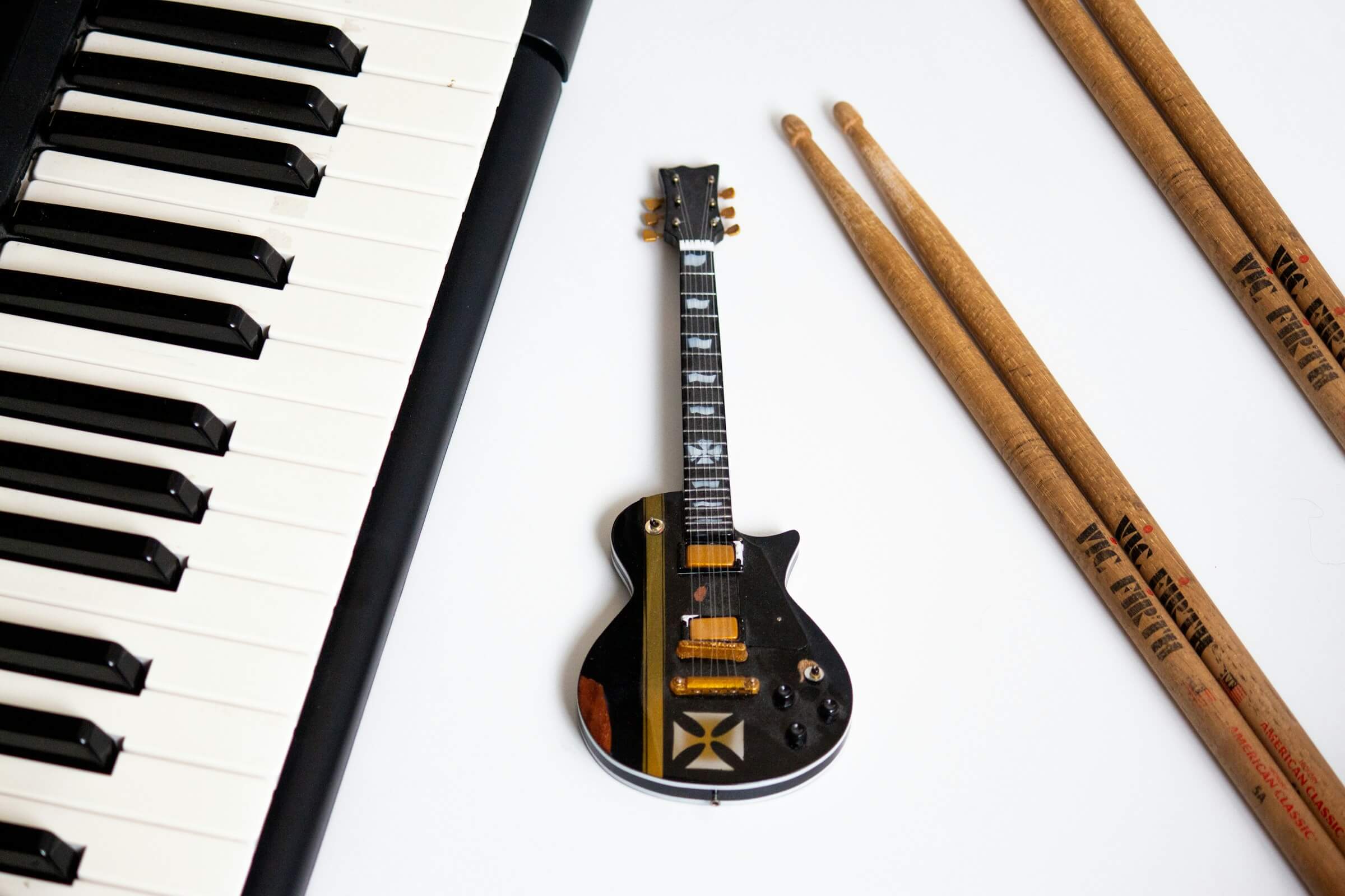 This image shows a keyboard, a guitar, and drumsticks, representing the topic of playing musical instruments in Japanese, highlighting different verbs used for each type of instrument.
