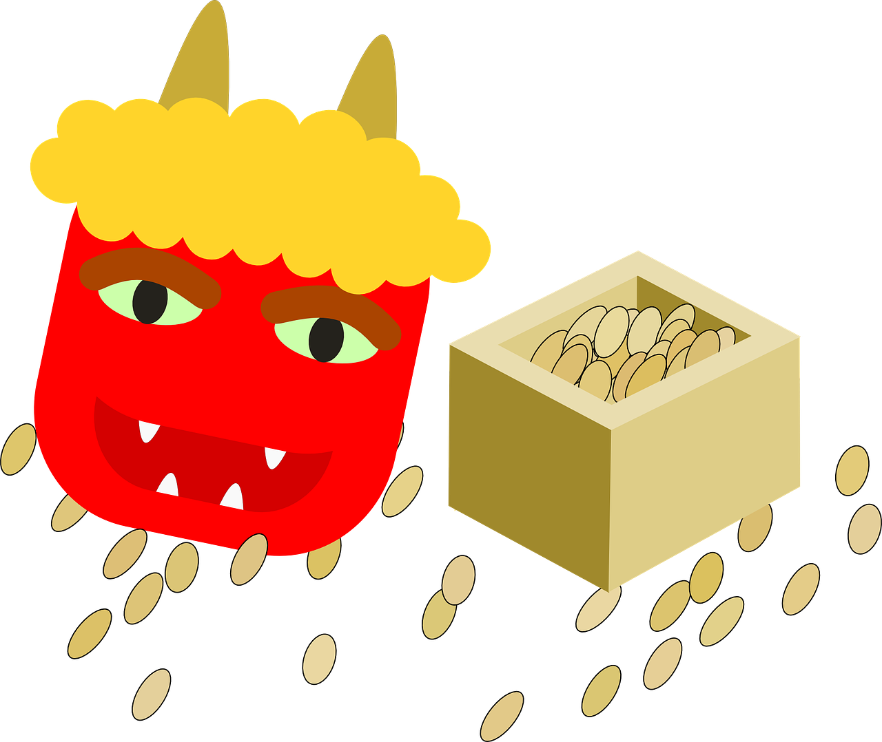 This image illustrates a Setsubun festival scene featuring an oni (demon) mask with a smiling face and golden horns, and a box of roasted soybeans used for mamemaki (bean-throwing). 
