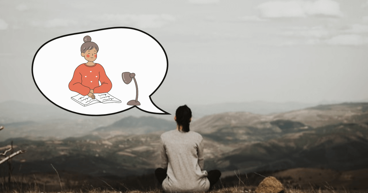 A person sitting and looking at a vast landscape, with a thought bubble above them showing an illustration of a person studying with a book and a desk lamp. This image represents the intention expressed by the phrase "毎日1時間日本語を勉強しようと思っています" (I’ve decided to study Japanese for one hour every day).
