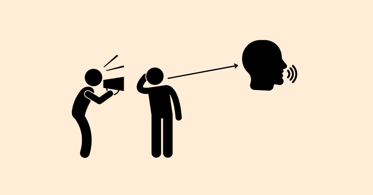 A simple illustration showing a person with a megaphone speaking to another person who is listening, with an arrow pointing to a third head, representing passing on information. This illustrates the concept of "-soudesu (I hear)" in Japanese.
