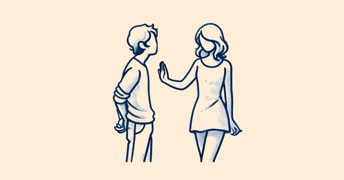  A simple illustration of a person asking a question, while another person waves their hand, indicating that no action is required. This image represents the concept of -なくてもいいです (nakutemoiidesu) in Japanese, which means "you don't need to" or "it's okay not to." The relaxed body language and the gentle gesture of refusal convey the message that something is unnecessary.
