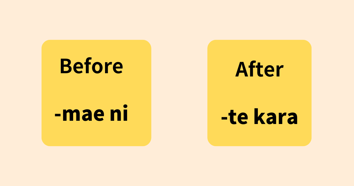 A simple image displaying two yellow boxes. The left box reads "Before -mae ni" and the right box reads "After -te kara." This image visually represents the Japanese grammar structures -mae ni (before) and -te kara (after), used to describe the sequence of events.
