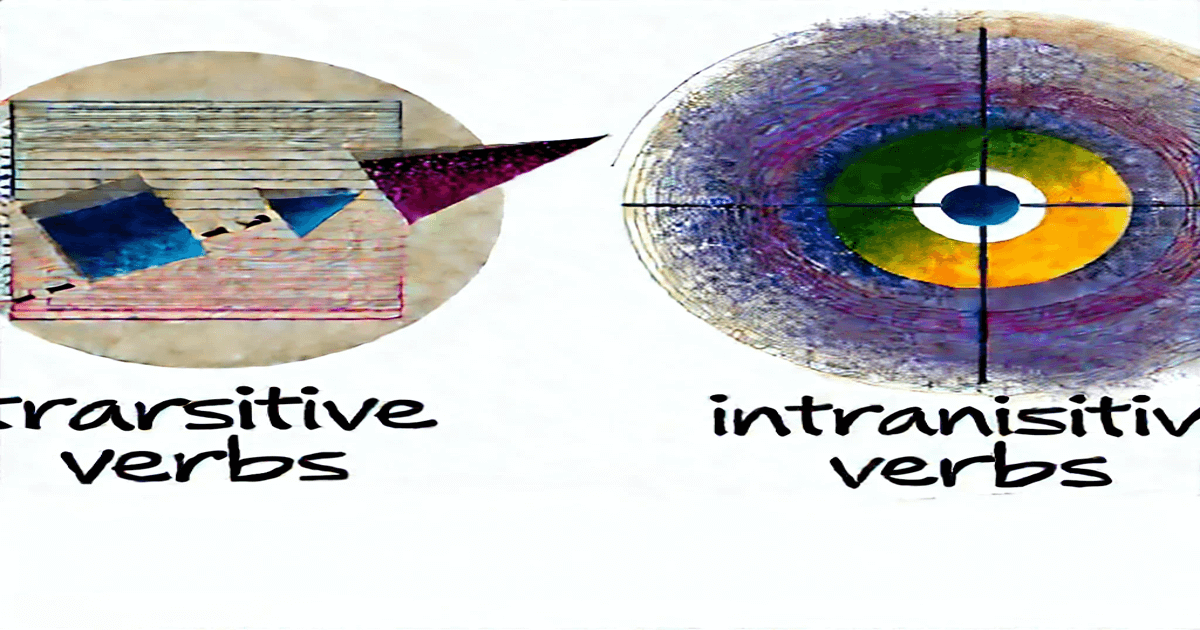 An abstract image showing the difference between transitive and intransitive verbs. The left side has shapes with arrows pointing to show an action affecting something else (transitive), while the right side has a circular pattern symbolizing changes happening on their own (intransitive).
