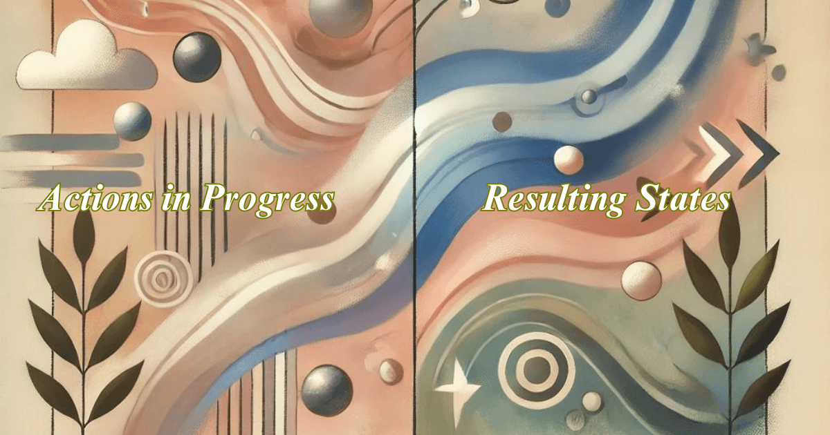 An abstract image representing Paired Intransitive Verbs + ている. The left side shows flowing shapes for actions in progress (transitive verbs), while the right side has calm patterns for resulting states (intransitive verbs). This contrast symbolizes the two uses of ている in Japanese grammar.
