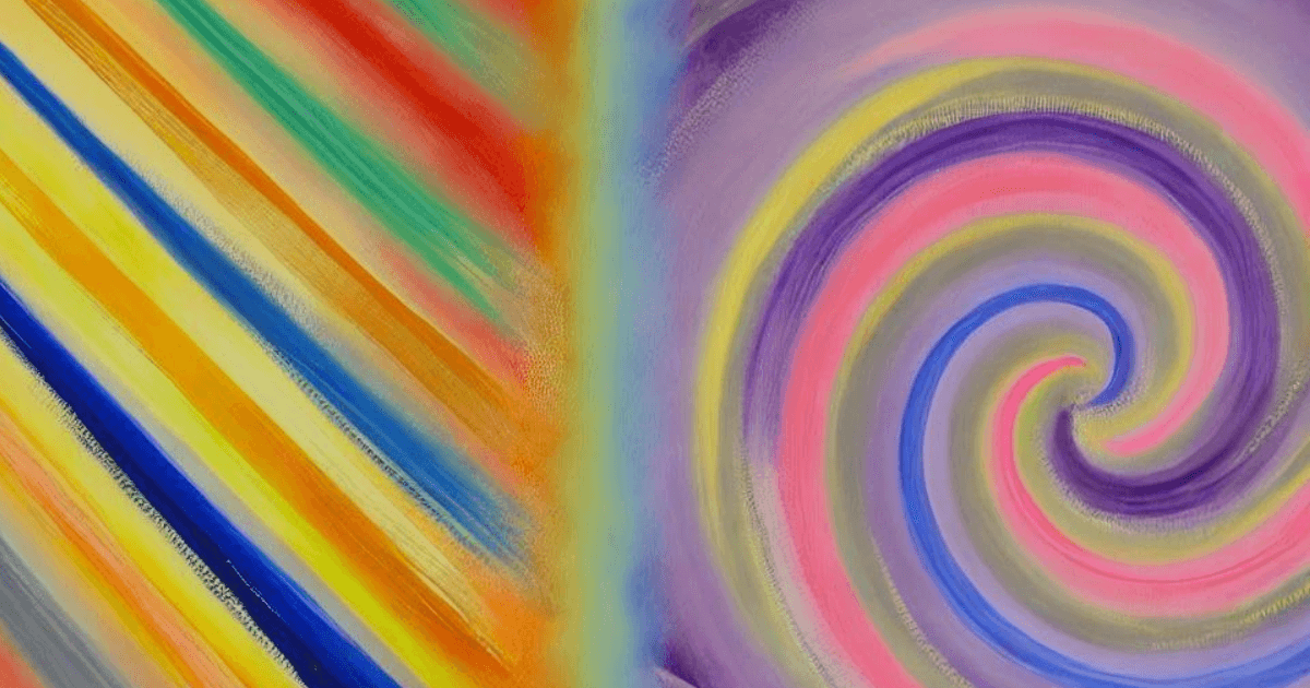 An abstract image representing the two meanings of -てしまう (te shimau) in Japanese grammar. The left side has bright, straight patterns symbolizing completing an action, while the right side has softer, swirling patterns to express regret or unintended results.
