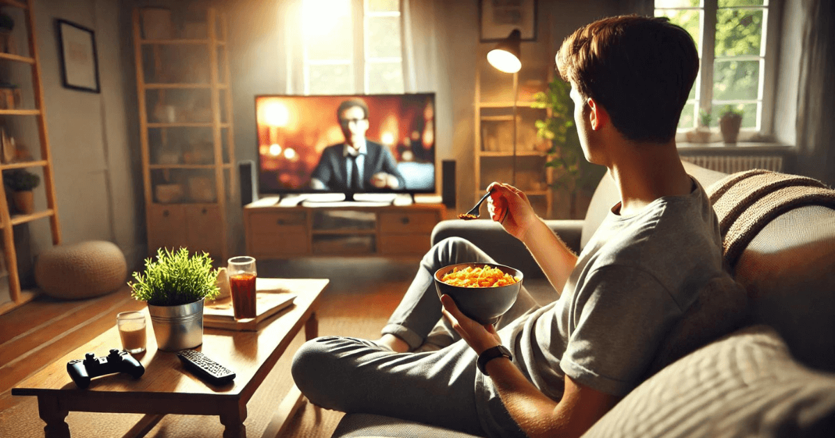 The image shows a relaxed individual holding a bowl of food and looking at the TV screen in a cozy living room setting. The visual effectively captures the idea of multitasking with simultaneous actions, which is perfect for representing the -ながら (-nagara) grammar concept.
