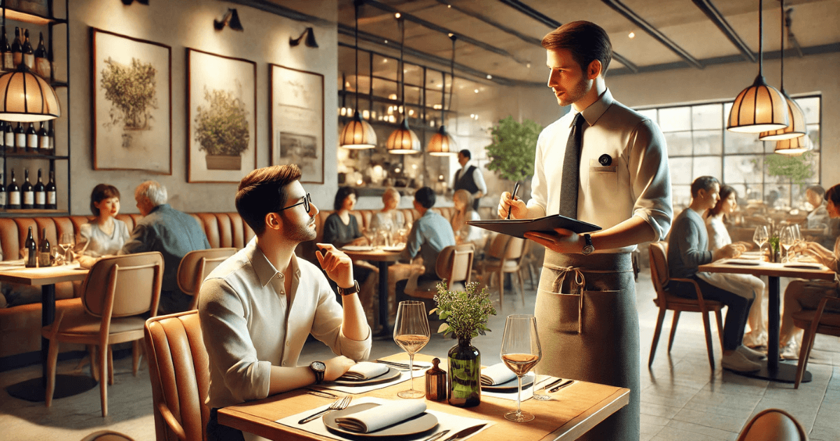 A scene showing a waiter respectfully asking a customer, "What would you like to eat?" using the honorific verb 召し上がります (meshiagarimasu). The waiter is standing politely with a menu in hand, demonstrating formal language and respectful behavior towards the customer. This image represents the use of honorific verbs in a service setting to show deference and politeness.
