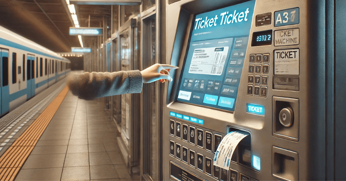 The image shows a person using a ticket vending machine at a train station. A ticket is coming out of the machine, and the person is reaching to take it. The machine screen displays a message that says '切符をお取りください' (Please take your ticket). This illustrates Giving Respectful Advice.
