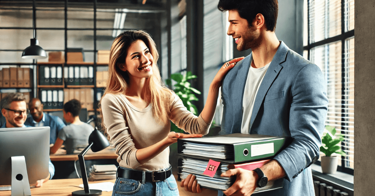 This image shows a woman in an office expressing gratitude to a man who is helping her carry a stack of documents. She is smiling and lightly touching his shoulder, while the man holds several binders and papers. The scene reflects the phrase "手伝ってくれてありがとう" (Tetsudatte kurete arigatou), which means "Thank you for helping me.
