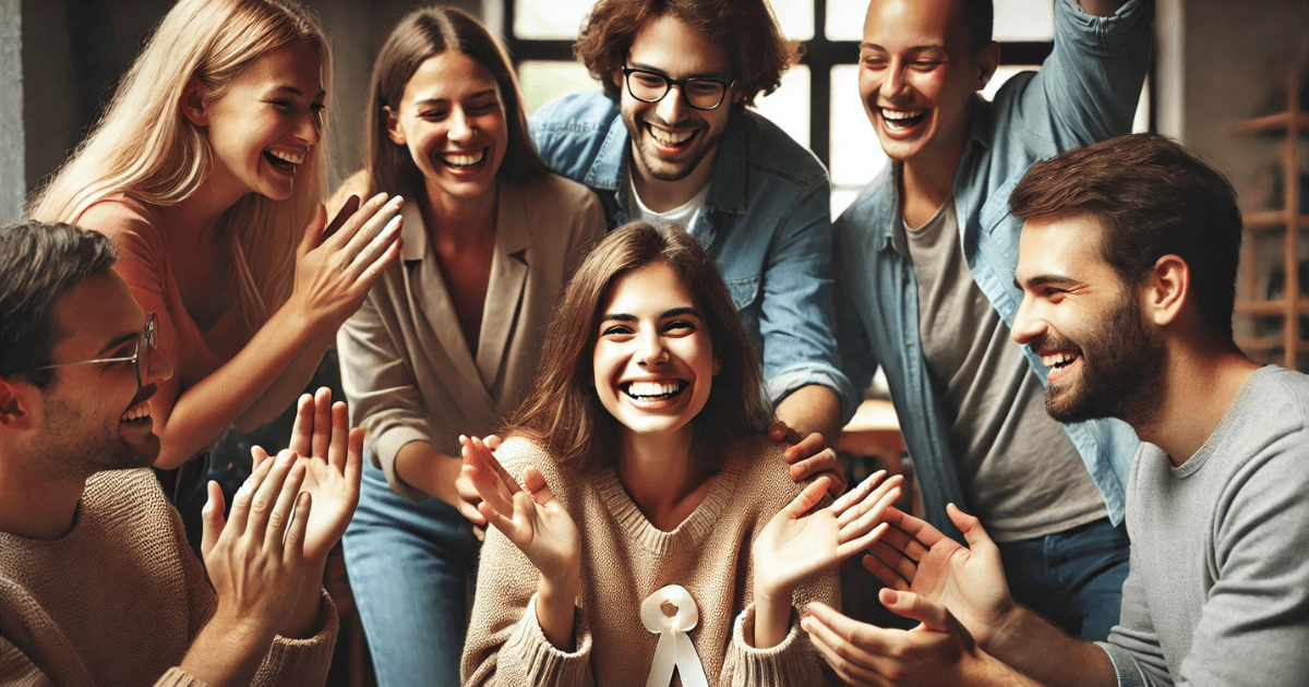 This image shows a joyful scene where a group of friends is celebrating Maria’s recovery. Everyone is smiling and clapping, and the mood is filled with happiness. This perfectly illustrates the phrase "マリアさんが元気になってよかったです" (Maria-san ga genki ni natte yokatta desu), meaning "I’m glad that Maria got well." The phrase -te yokatta desu is used here to express relief and happiness about Maria's recovery.
