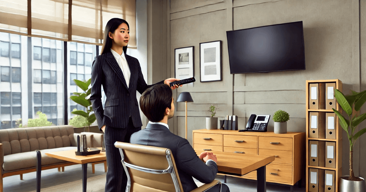 This image shows a situation where a subordinate is speaking to their superior, offering to turn on the television. The subordinate likely says, "テレビをおつけしましょう" (Terebi o otsuke shimashou), which is a humble expression used to show respect. This scene highlights how humble expressions are used when offering to do something for someone of higher status.
