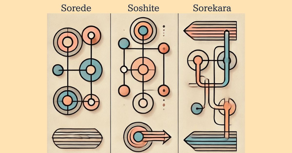 An abstract art-style image illustrating the differences between three Japanese conjunctions: Sorede, Soshite, and Sorekara, using minimalist shapes. The left section, representing Sorede, uses interconnected circles and arrows to depict a cause and effect relationship. The middle section, representing Soshite, shows two linked circles and a branching pattern to indicate the addition of related or surprising information. The right section, representing Sorekara, uses a linear path with multiple curves and arrows to illustrate a sequence of steps or actions.
