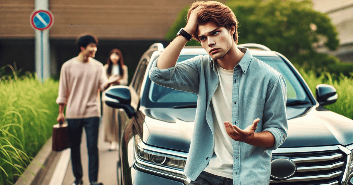 A scene showing one man about to get into a car while another man stands nearby, looking upset as he watches. This reflects a situation described by the Japanese passive sentence, 'I had my car used by a friend,' capturing the subtle tension between the two men.
