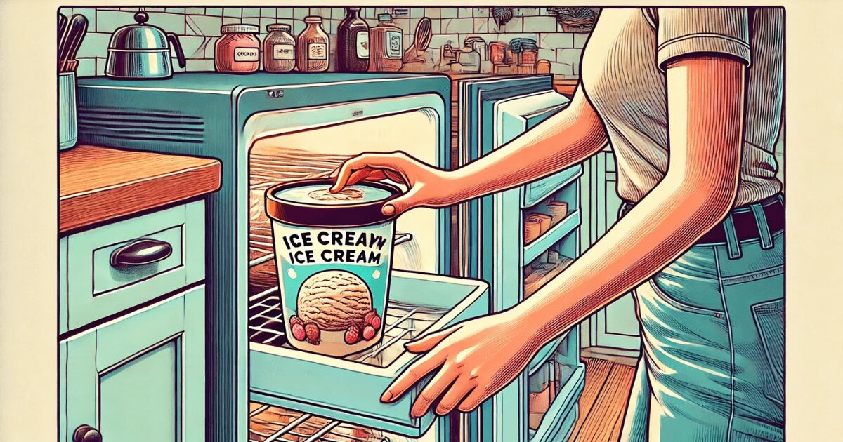 This illustration shows a woman placing ice cream into a freezer to chill it, demonstrating the Japanese grammar concept Adjective + suru from Genki Grammar #123. It specifically represents the phrase 冷たくする (tsumetaku suru) – "to make something cold." The scene emphasizes an intentional action to change the state of the ice cream.
