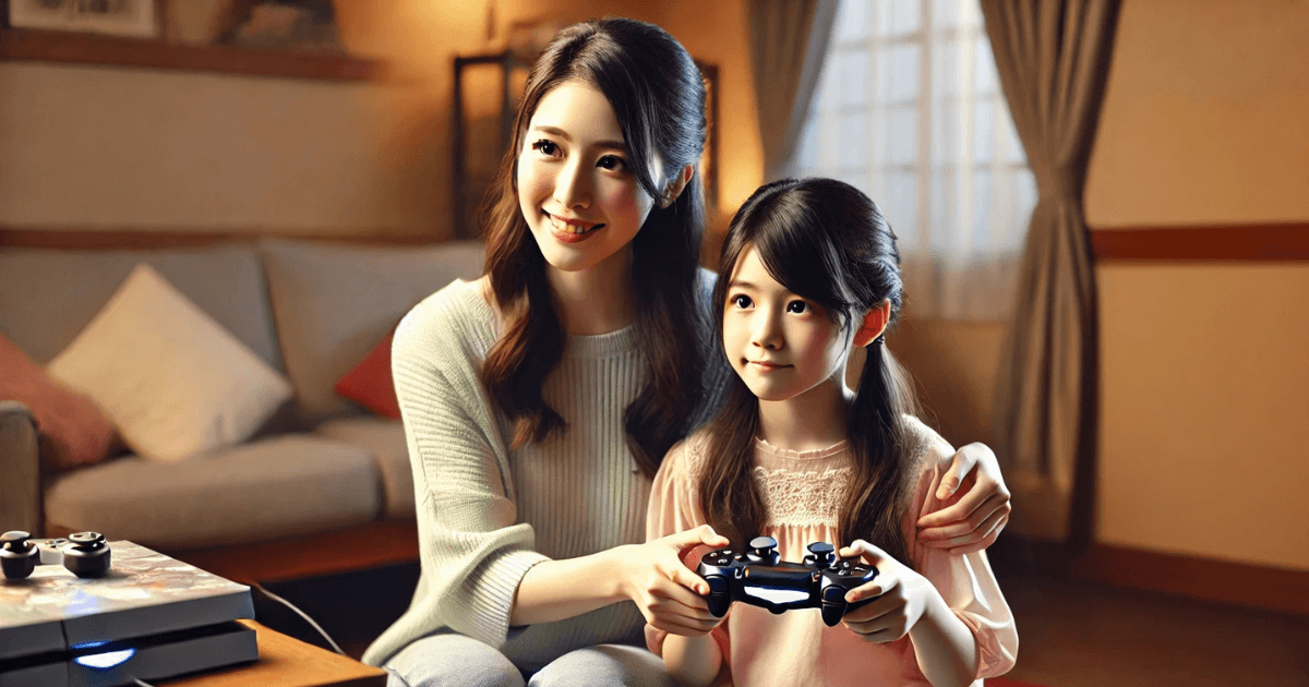 This image shows an older sister letting her younger sister play a video game, illustrating the concept of Causative + te ageru in Japanese grammar: 私は妹にゲームをさせてあげました (Watashi wa imouto ni geemu o sasete agemashita) – "I let my younger sister play a video game (as an act of kindness).