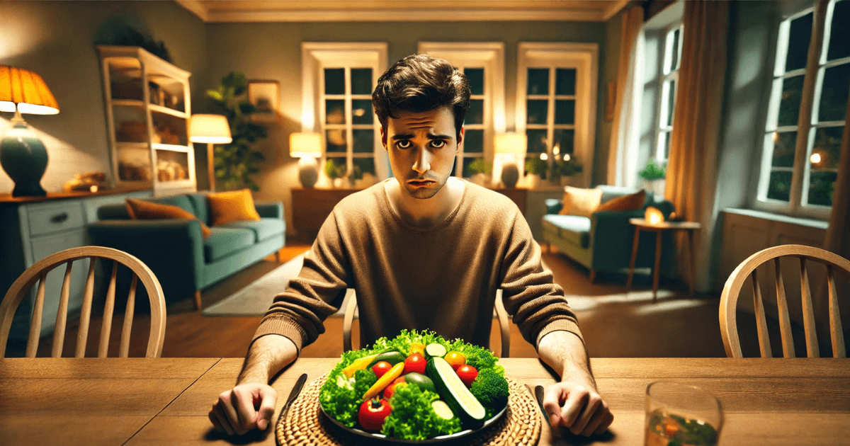 An image illustrating an example from Genki Grammar #131: Mastering Causative-Passive Sentences, showing a person reluctantly sitting in front of a plate of vegetables, emphasizing their discomfort.
