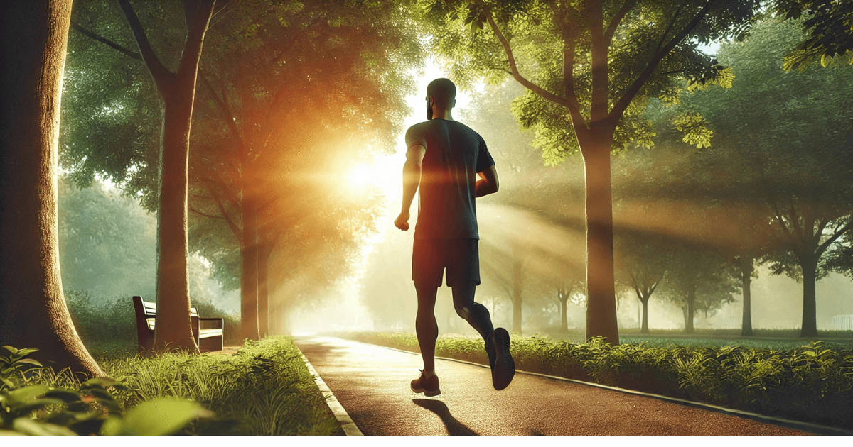 A person jogging on a park trail in the early morning with the sun rising. The jogger looks focused and determined. The fresh green trees and light mist create a calm atmosphere. This image represents ことにする (koto ni suru)—deciding to start jogging every morning.
