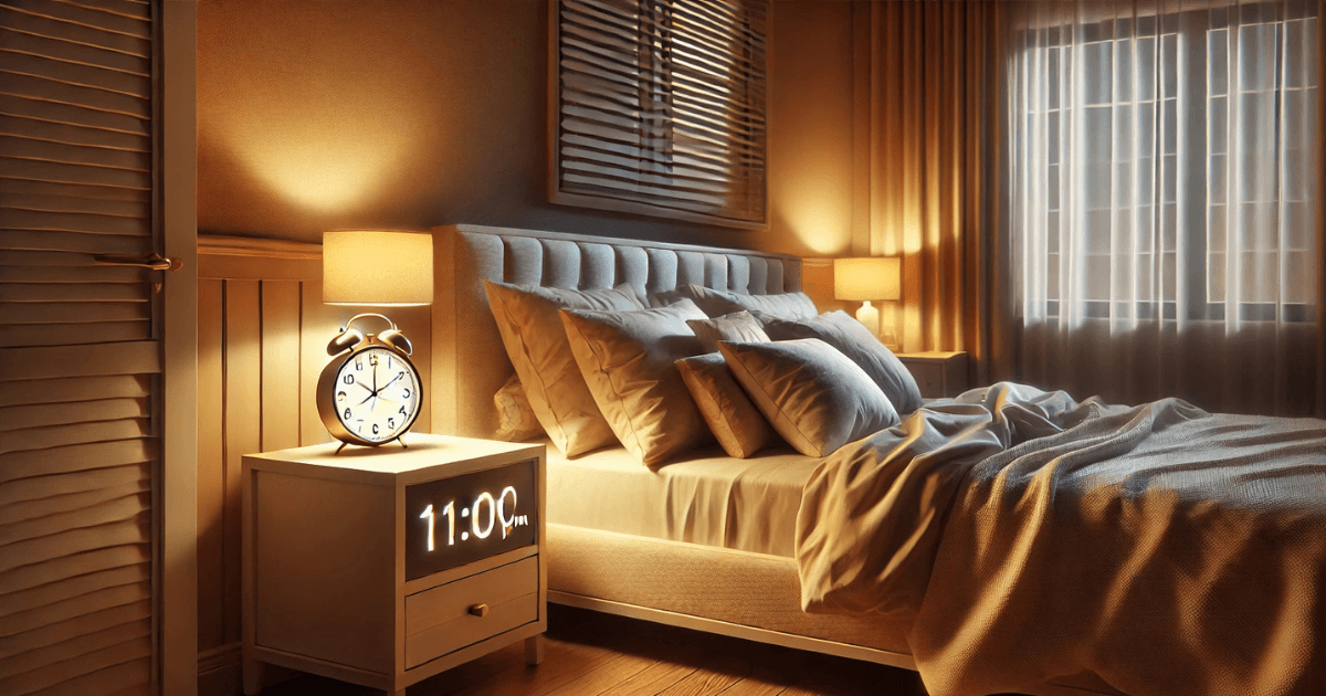 A cozy bedroom scene at night with a neatly made bed, soft pillows, and warm lighting creating a relaxing atmosphere. A bedside table features a clock displaying 11:00 PM, symbolizing the habit of going to bed by eleven, representing the Japanese grammar concept -koto ni shiteiru for expressing regular practices or resolutions.
