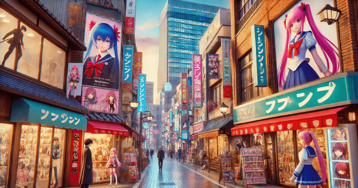  Street in Akihabara, Tokyo, showcasing vibrant Japanese pop culture with colorful anime-themed shops, cosplayers, and a lively atmosphere full of neon lights and gaming cafes.
