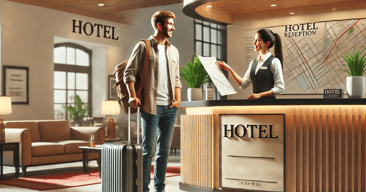 A male traveler holding a suitcase asks the hotel receptionist for directions to the airport. This scene shows the phrase "空港への行き方" (kuukou e no ikikata), meaning "how to get to the airport," in action. The hotel lobby is modern and welcoming.
